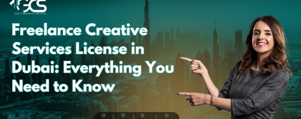 Illustration depicting the concept of freelance creative services licensing in Dubai, featuring iconic landmarks, creative tools, and a diverse group of freelancers engaged in various creative activities.